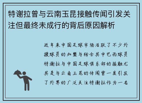 特谢拉曾与云南玉昆接触传闻引发关注但最终未成行的背后原因解析 特谢拉曾与云南玉昆接触传闻引发关注但最终未成行的背后原因解析